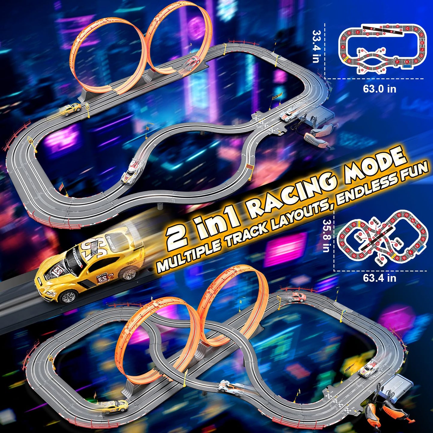 RIANEAN Slot Car Race Track Sets – 2-in-1 Dual Track with 4 Cars