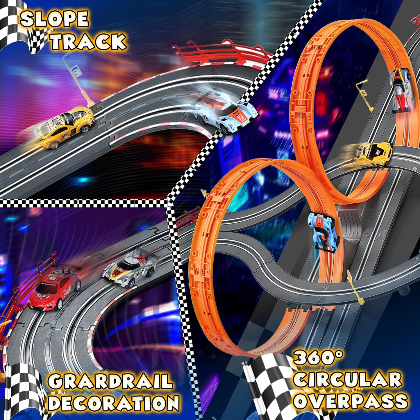 RIANEAN Slot Car Race Track Sets – 2-in-1 Dual Track with 4 Cars