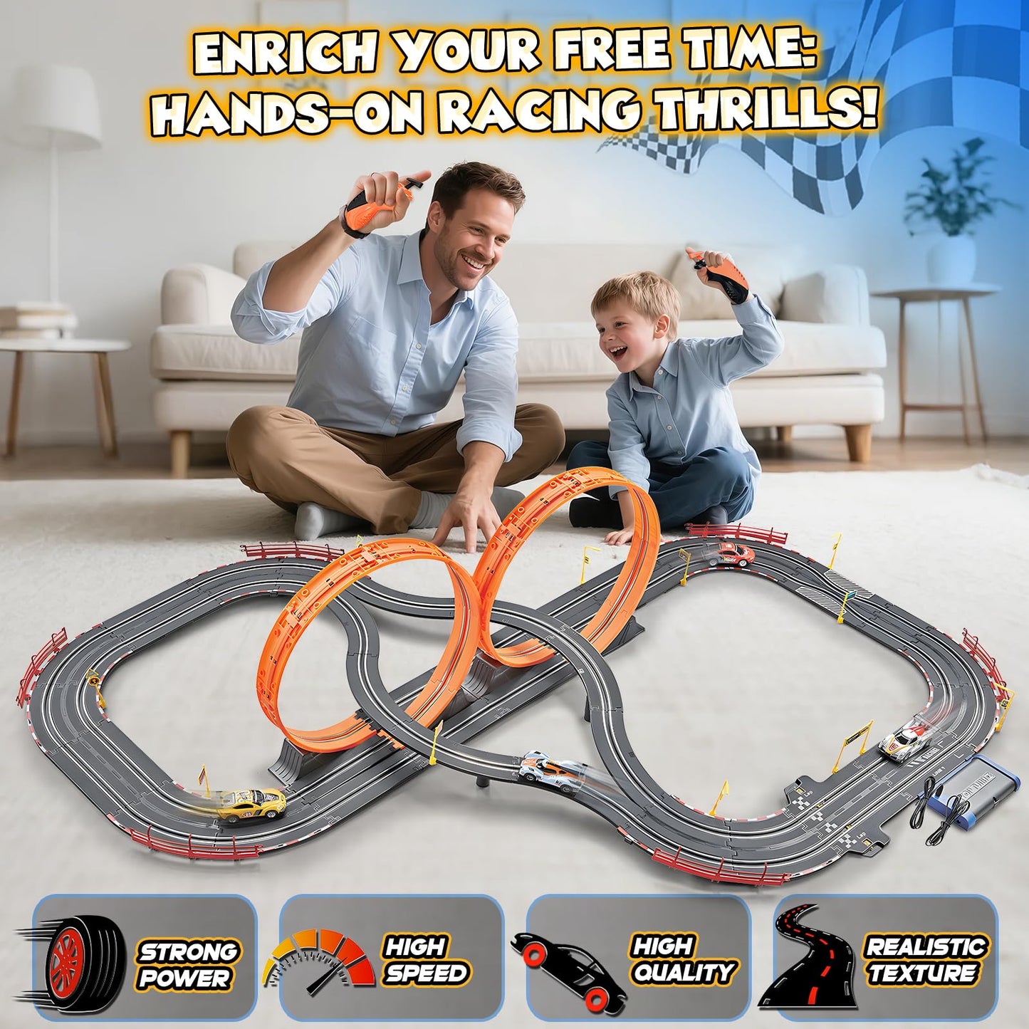 RIANEAN Slot Car Race Track Sets – 2-in-1 Dual Track with 4 Cars