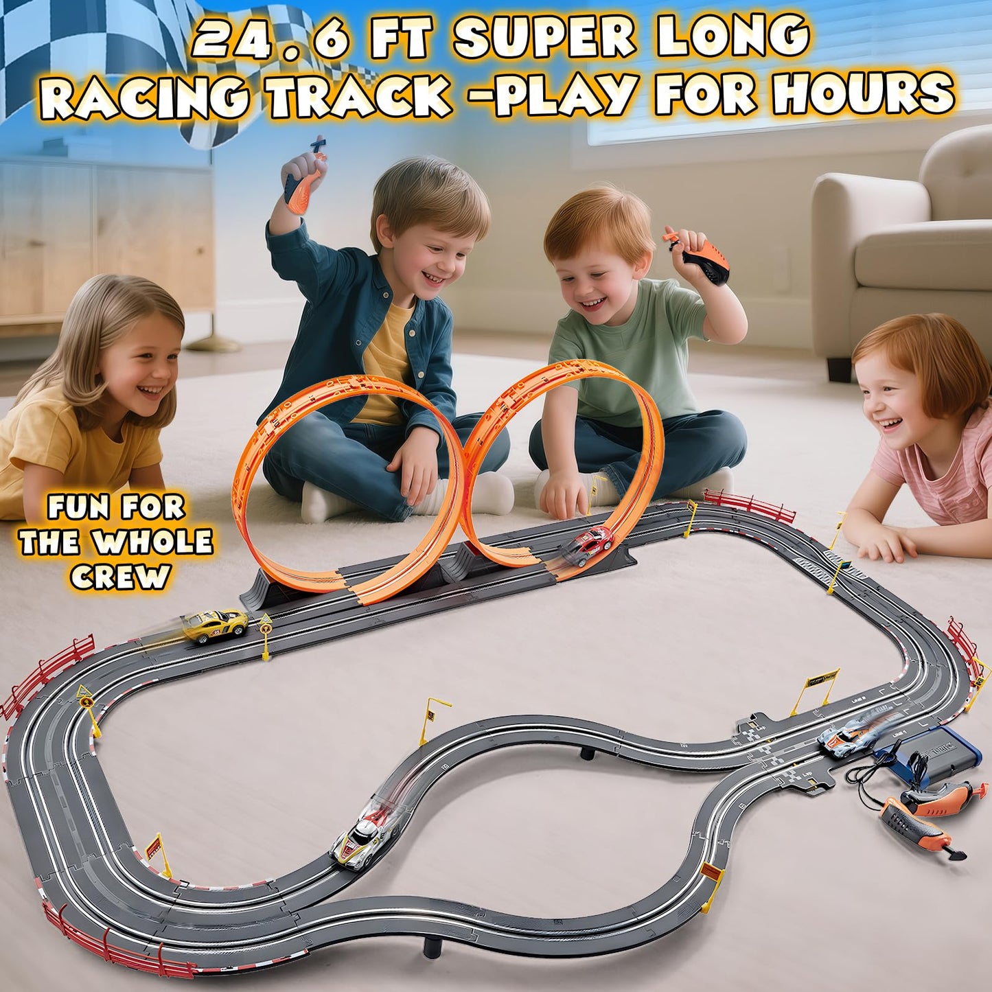 RIANEAN Slot Car Race Track Sets – 2-in-1 Dual Track with 4 Cars