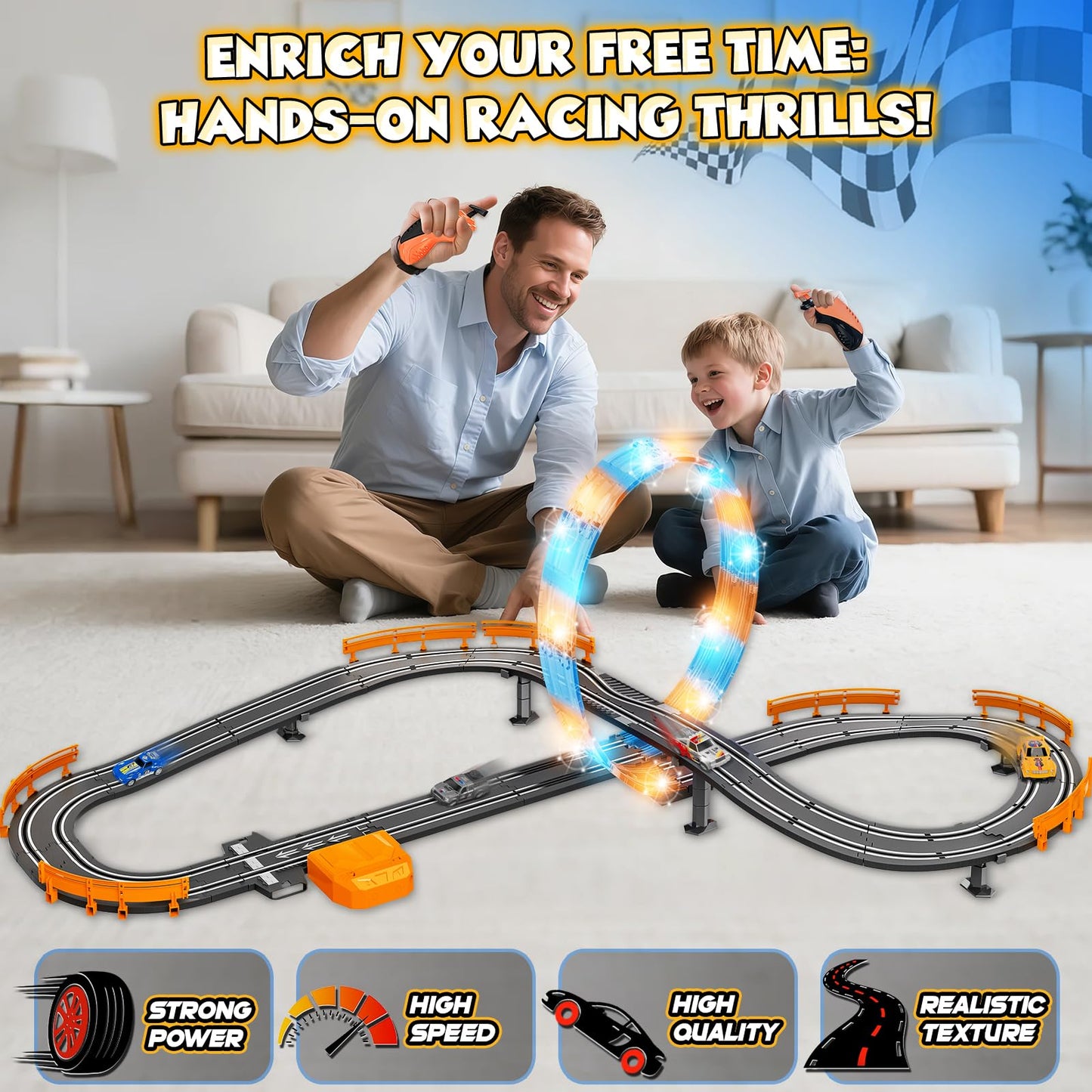RIANEAN Slot Car Race Track Set – Dual-Lane 1:43, Overpass, LED Tracks, 4 Cars for Kids 4–12