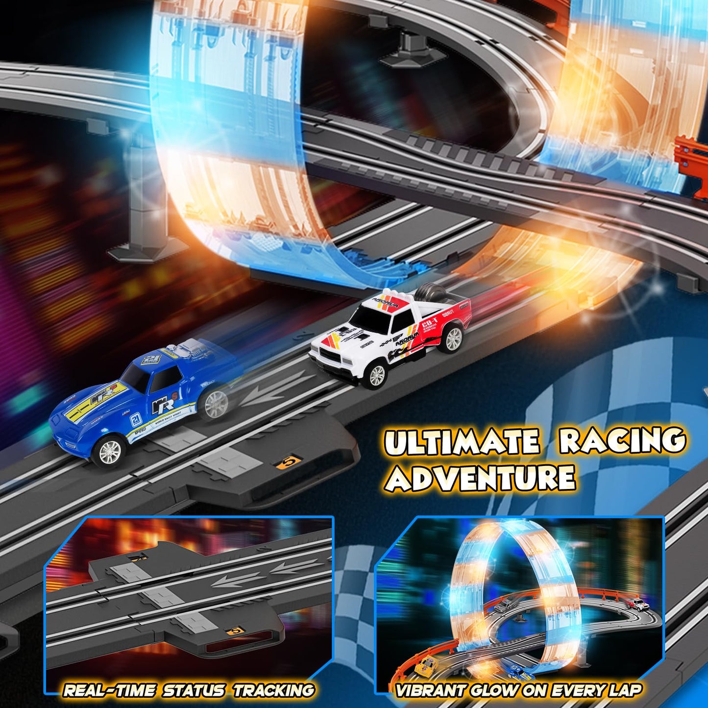 RIANEAN Slot Car Race Track Set – Dual-Lane 1:43, Overpass, LED Tracks, 4 Cars for Kids 4–12