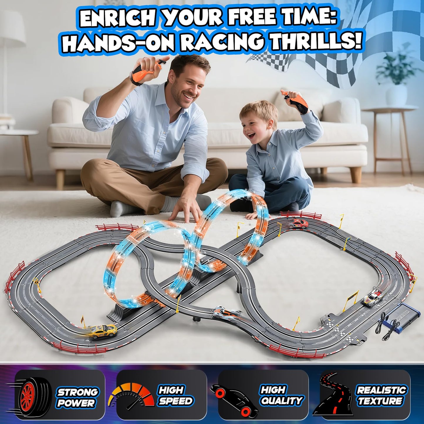 RIANEAN Slot Car Race Track Set – 2-in-1 Dual Track with 4 Cars, Overpass, Lap Counter | Gift Toy for Kids 6–12