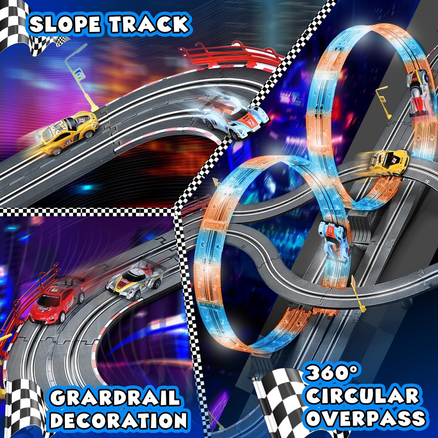 RIANEAN Slot Car Race Track Set – 2-in-1 Dual Track with 4 Cars, Overpass, Lap Counter | Gift Toy for Kids 6–12