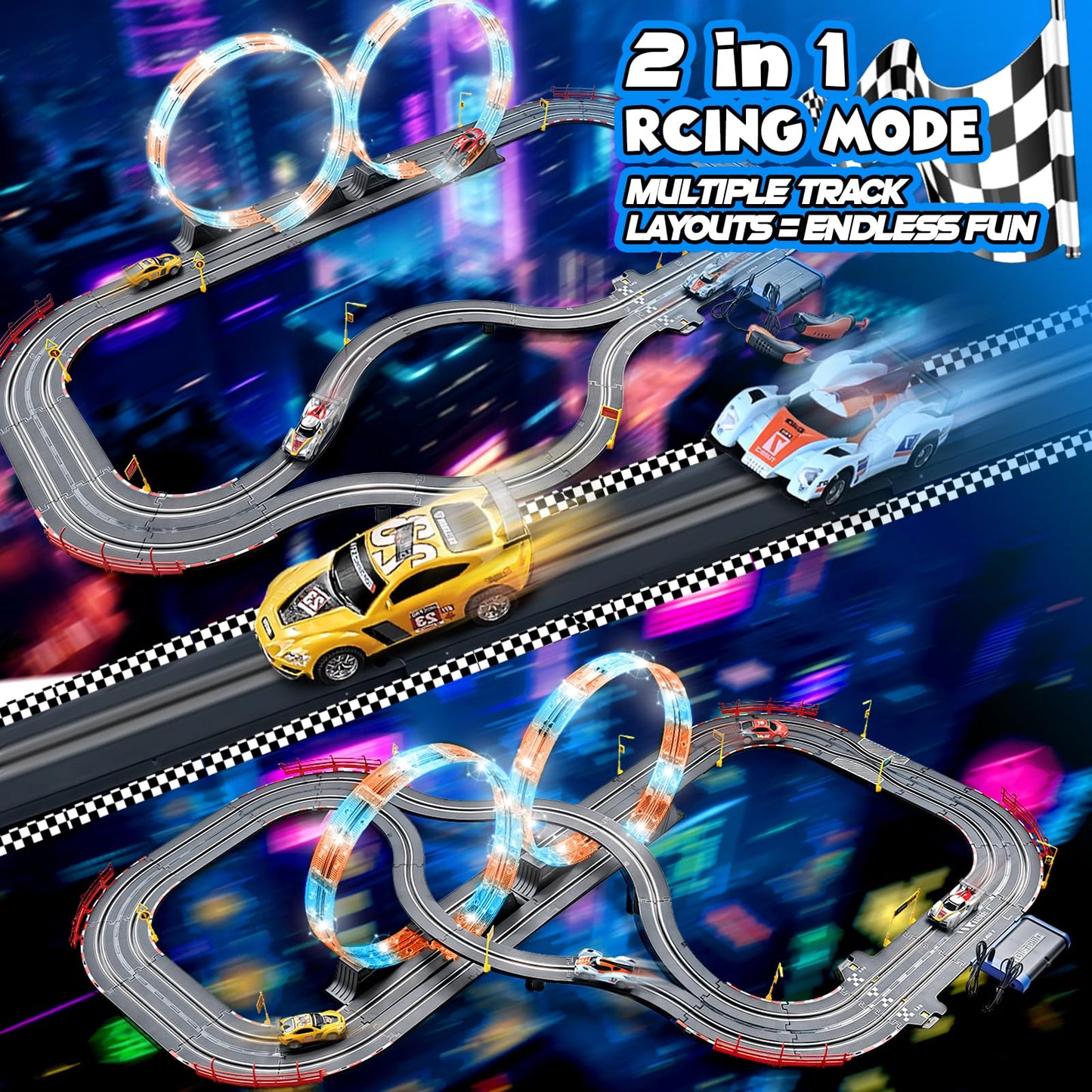 RIANEAN Slot Car Race Track Set – 2-in-1 Dual Track with 4 Cars, Overpass, Lap Counter | Gift Toy for Kids 6–12
