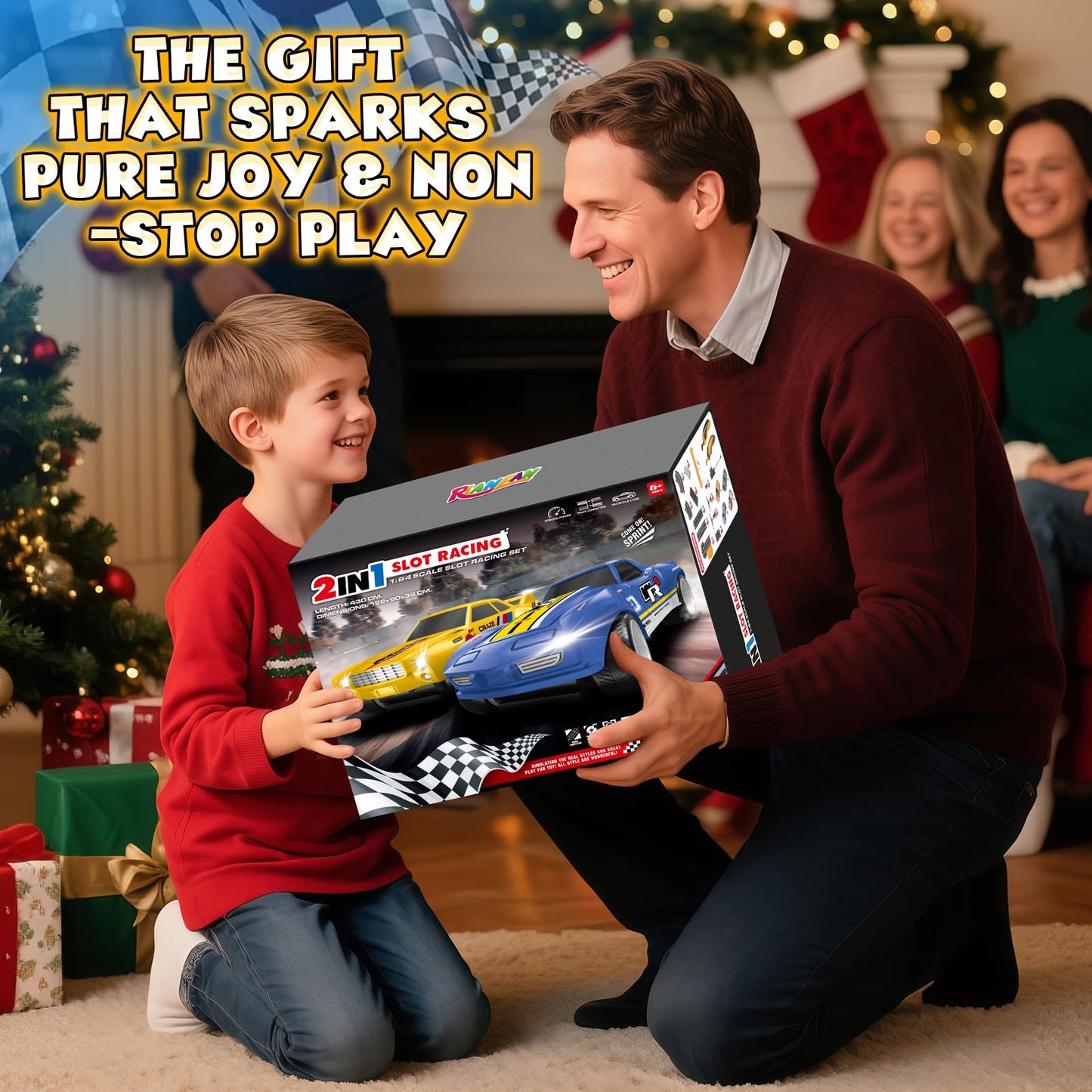RIANEAN Slot Car Race Track Set – Dual-Lane 1:43, Overpass, LED Tracks, 4 Cars for Kids 4–12