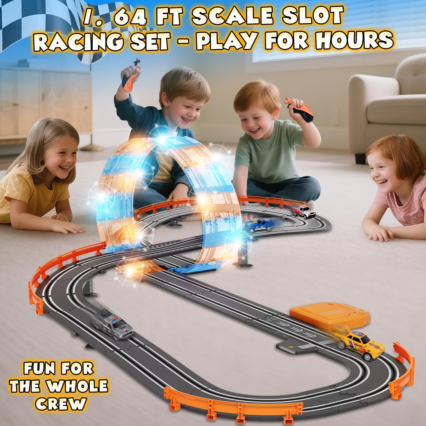 RIANEAN Slot Car Race Track Set – Dual-Lane 1:43, Overpass, LED Tracks, 4 Cars for Kids 4–12
