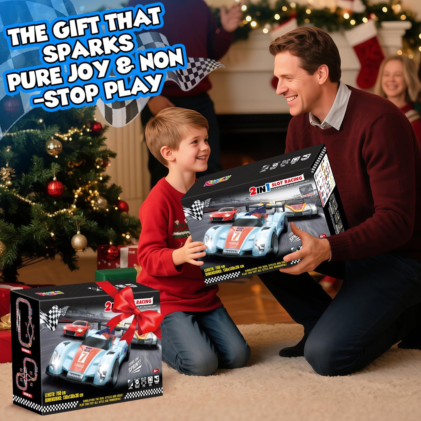 RIANEAN Slot Car Race Track Set – 2-in-1 Dual Track with 4 Cars, Overpass, Lap Counter | Gift Toy for Kids 6–12