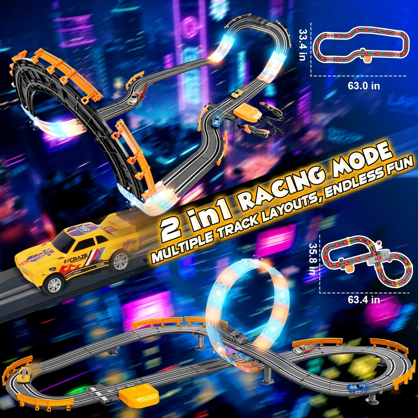 RIANEAN Slot Car Race Track Set – Dual-Lane 1:43, Overpass, LED Tracks, 4 Cars for Kids 4–12