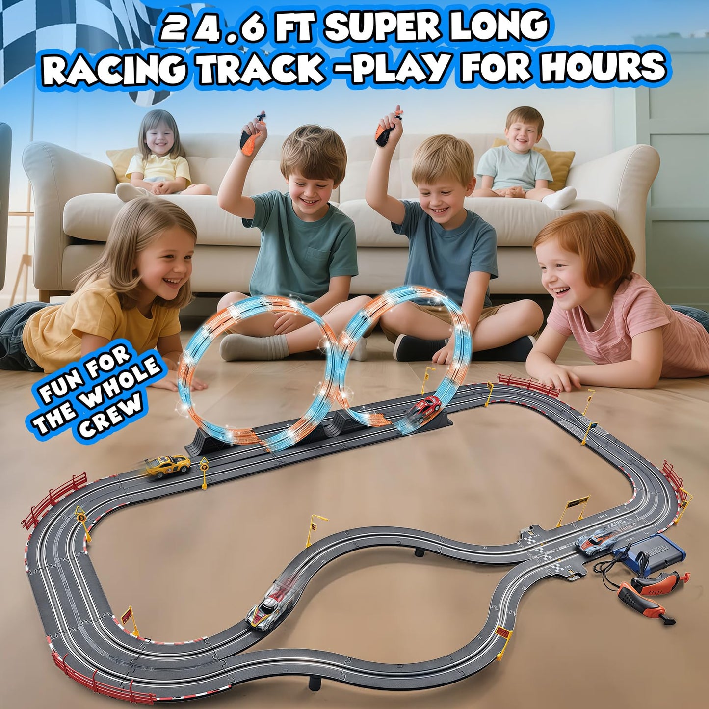 RIANEAN Slot Car Race Track Set – 2-in-1 Dual Track with 4 Cars, Overpass, Lap Counter | Gift Toy for Kids 6–12