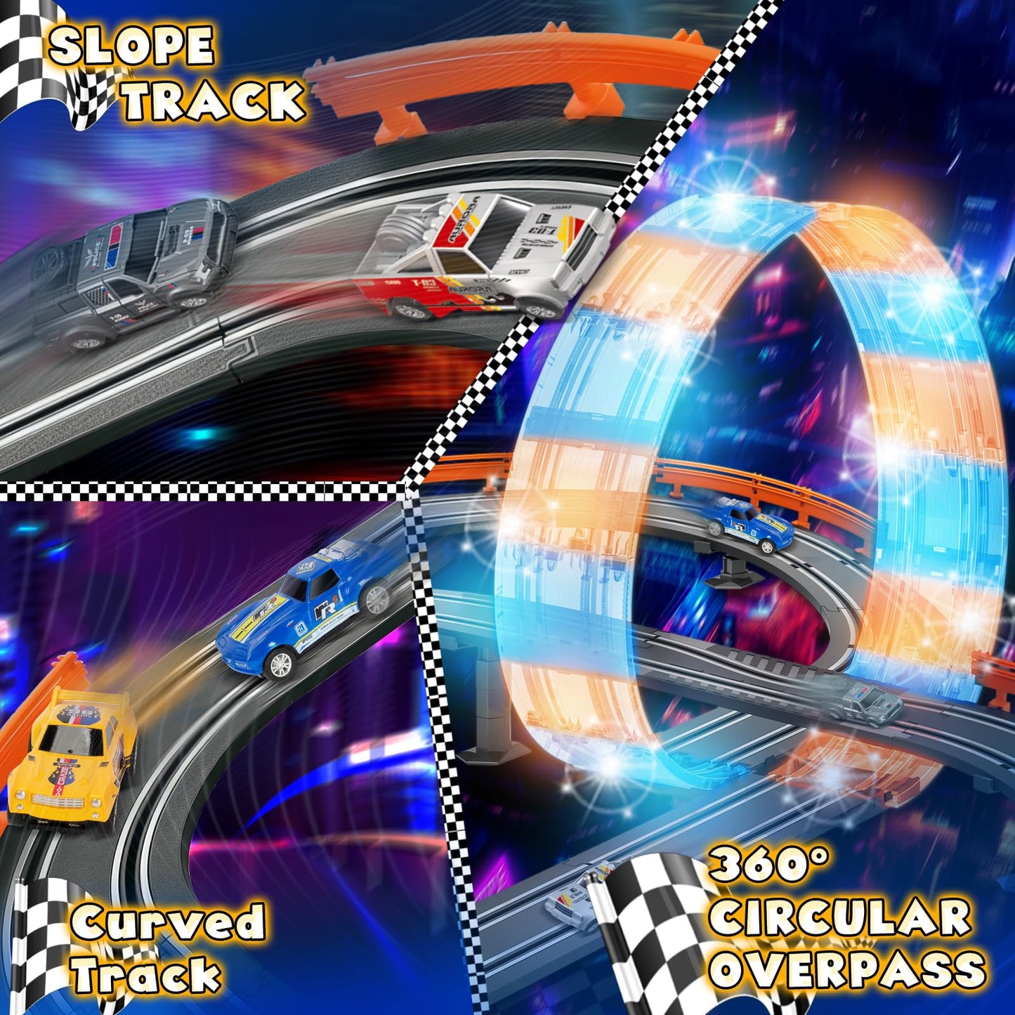 RIANEAN Slot Car Race Track Set – Dual-Lane 1:43, Overpass, LED Tracks, 4 Cars for Kids 4–12