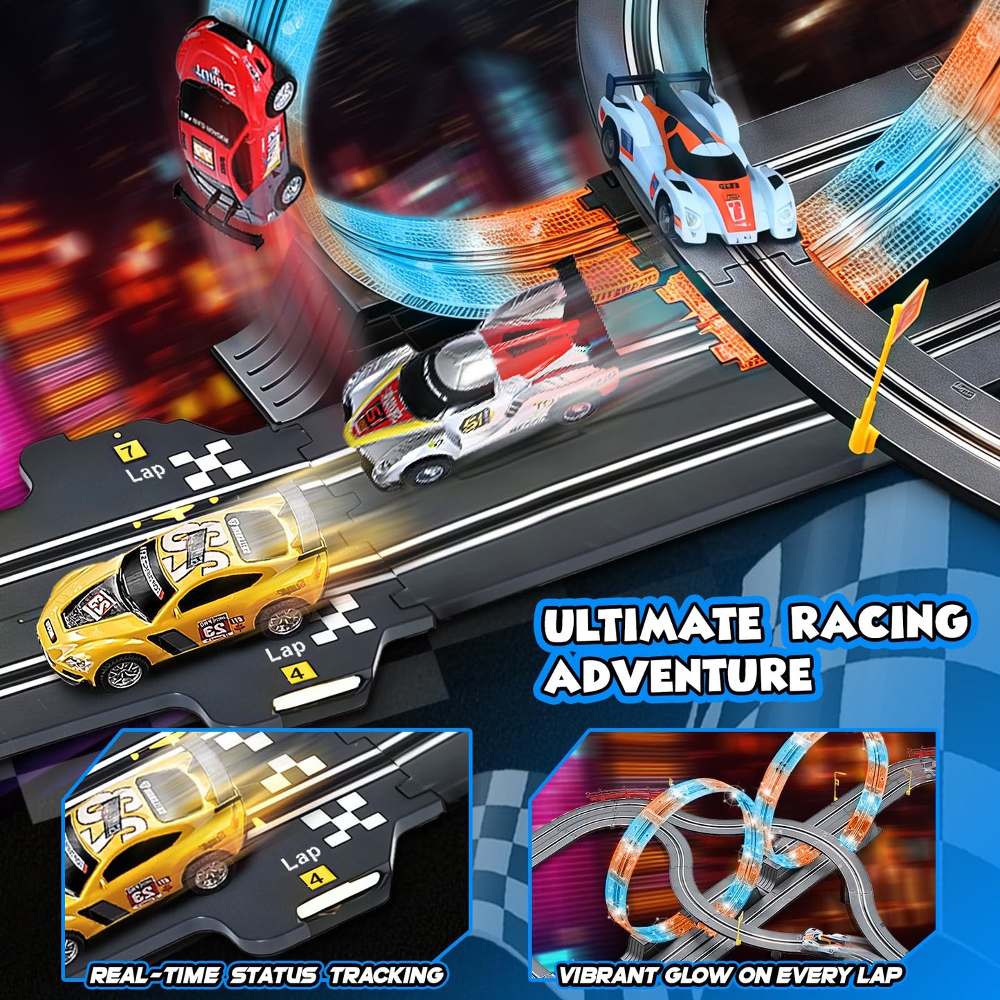 RIANEAN Slot Car Race Track Set – 2-in-1 Dual Track with 4 Cars, Overpass, Lap Counter | Gift Toy for Kids 6–12