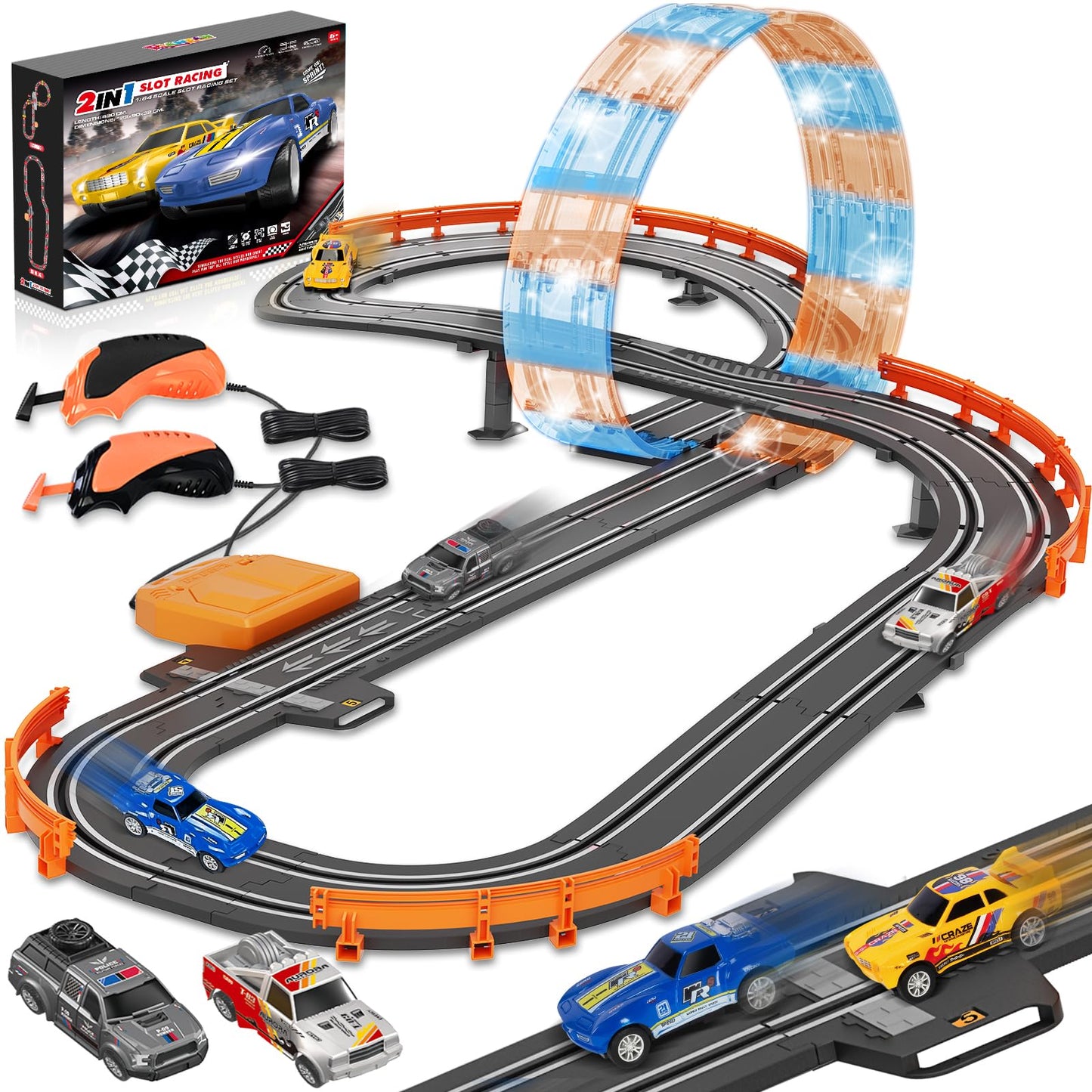 RIANEAN Slot Car Race Track Set – Dual-Lane 1:43, Overpass, LED Tracks, 4 Cars for Kids 4–12