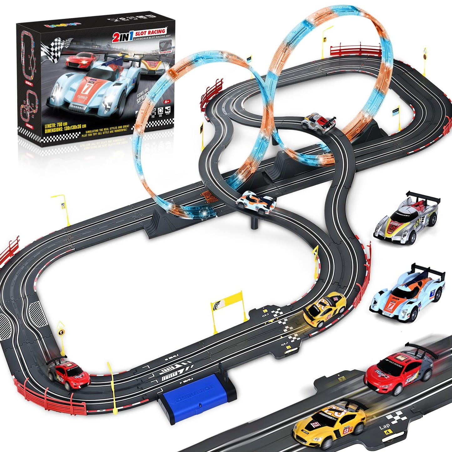RIANEAN Slot Car Race Track Set – 2-in-1 Dual Track with 4 Cars, Overpass, Lap Counter | Gift Toy for Kids 6–12