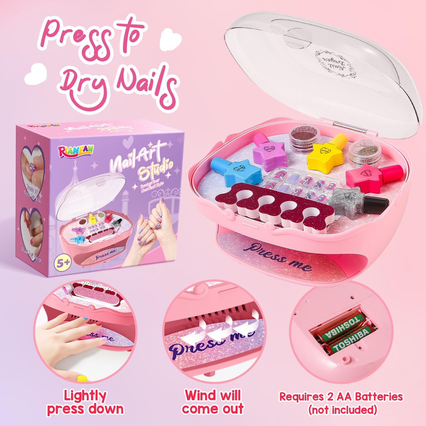 RIANEAN Girls Nail Polish Set for Ages 5-10 | Safe Peelable Polish & Dryer