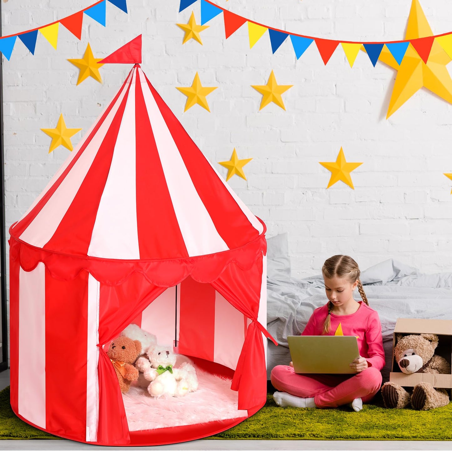 Ribbonlic Circus Tent Red Floor Play Tent – Large Indoor/Outdoor Playhouse