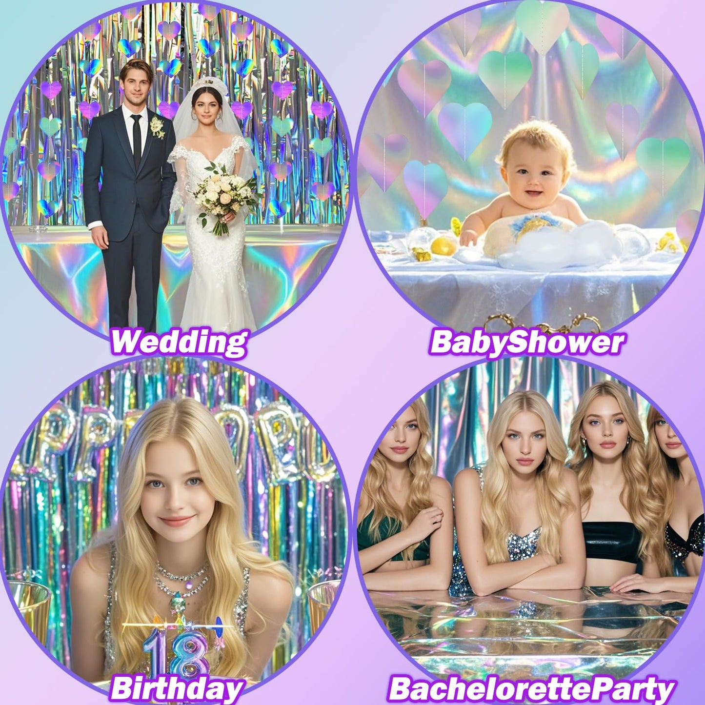 Ricawa 8-Piece Iridescent Disco-Holographic Party Decorations – Love-Heart Garland Banner, Disposable Laser Tablecloth, Tinsel Fringe Curtains | Birthday & Retro Themed Decor