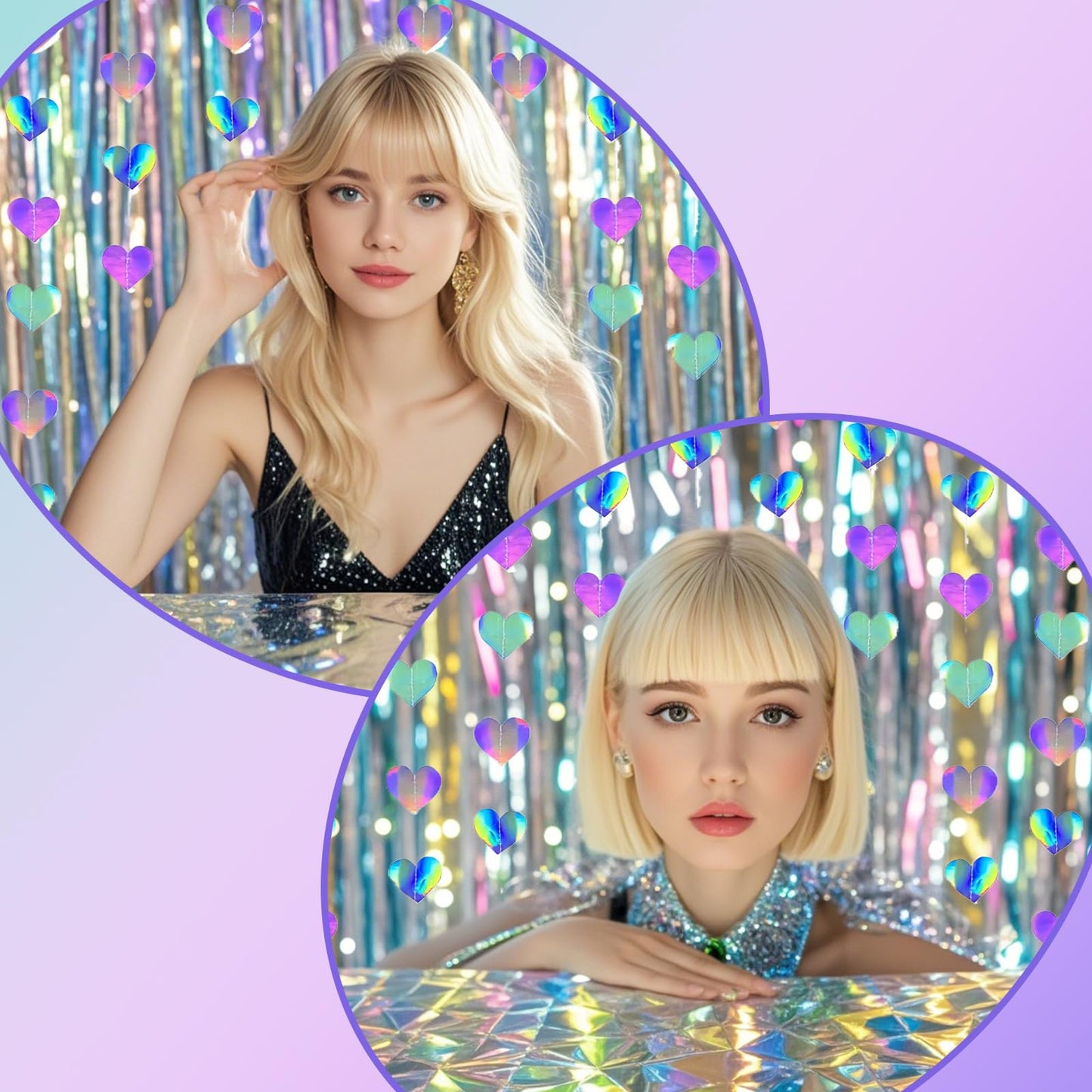 Ricawa 8-Piece Iridescent Disco-Holographic Party Decorations – Love-Heart Garland Banner, Disposable Laser Tablecloth, Tinsel Fringe Curtains | Birthday & Retro Themed Decor