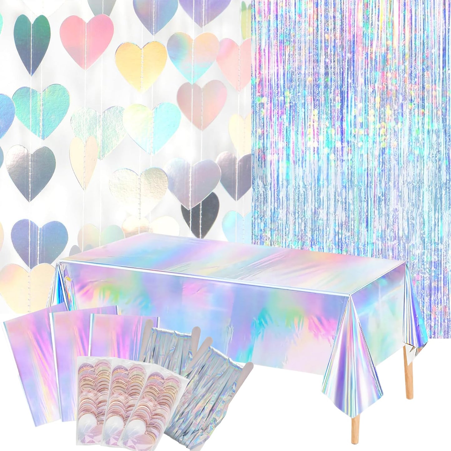 Ricawa 8-Piece Iridescent Disco-Holographic Party Decorations – Love-Heart Garland Banner, Disposable Laser Tablecloth, Tinsel Fringe Curtains | Birthday & Retro Themed Decor