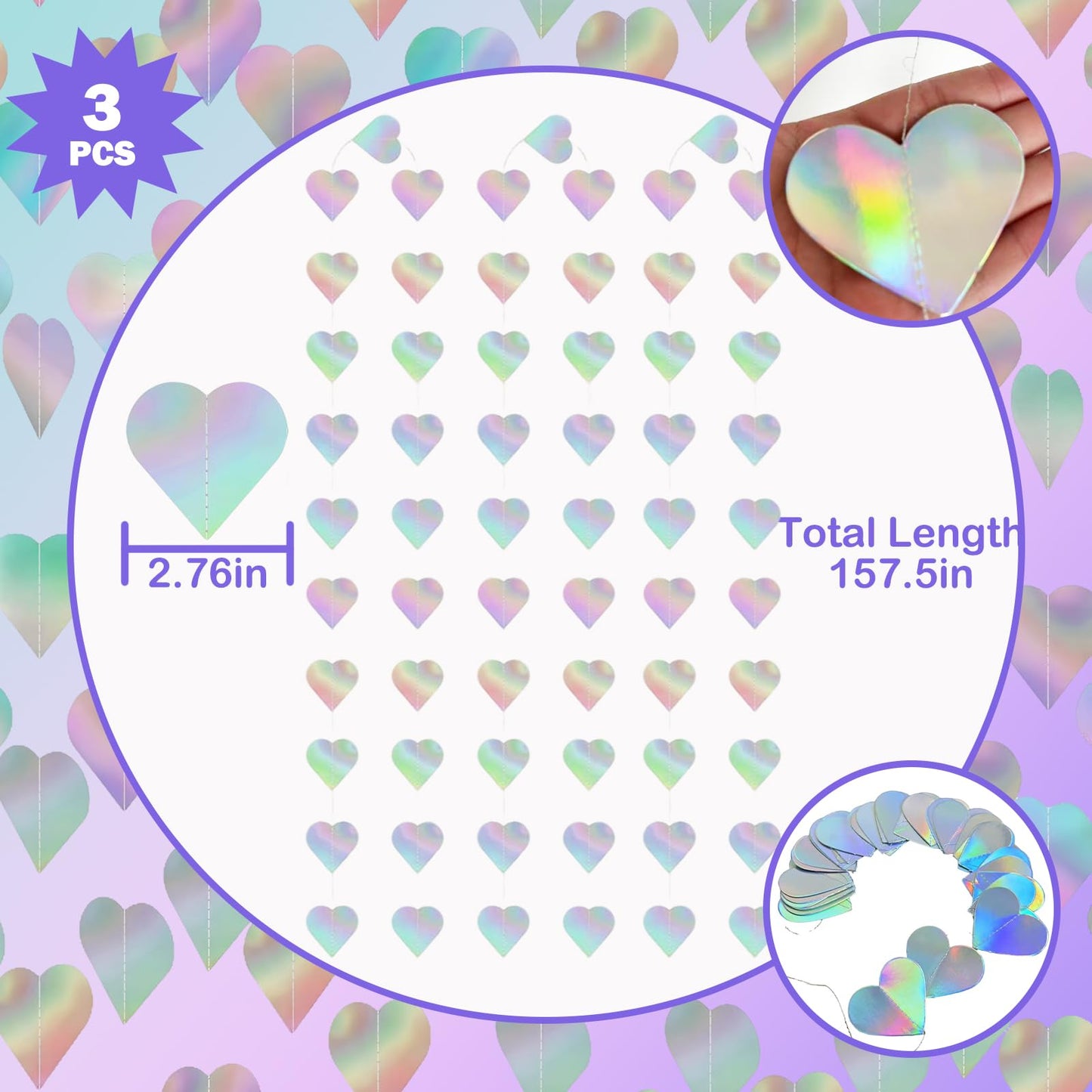 Ricawa 8-Piece Iridescent Disco-Holographic Party Decorations – Love-Heart Garland Banner, Disposable Laser Tablecloth, Tinsel Fringe Curtains | Birthday & Retro Themed Decor