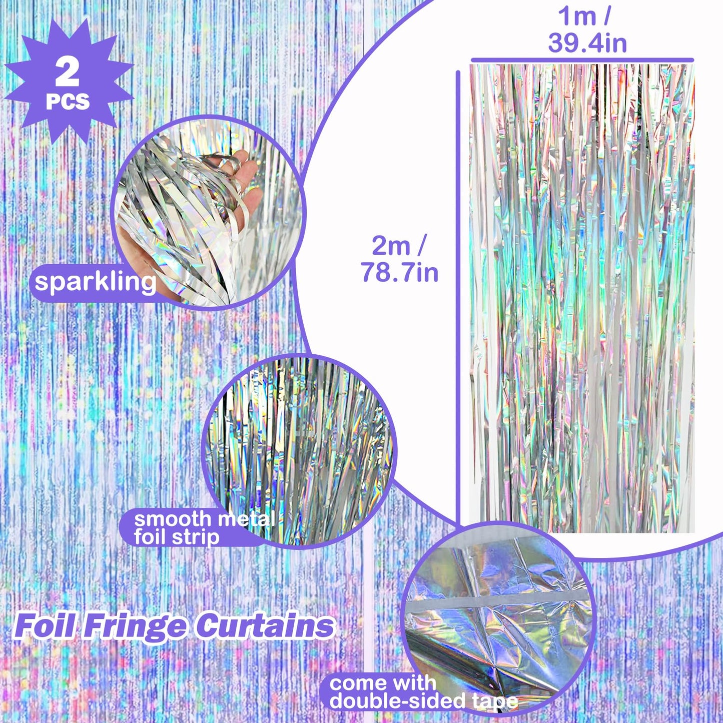 Ricawa 8-Piece Iridescent Disco-Holographic Party Decorations – Love-Heart Garland Banner, Disposable Laser Tablecloth, Tinsel Fringe Curtains | Birthday & Retro Themed Decor
