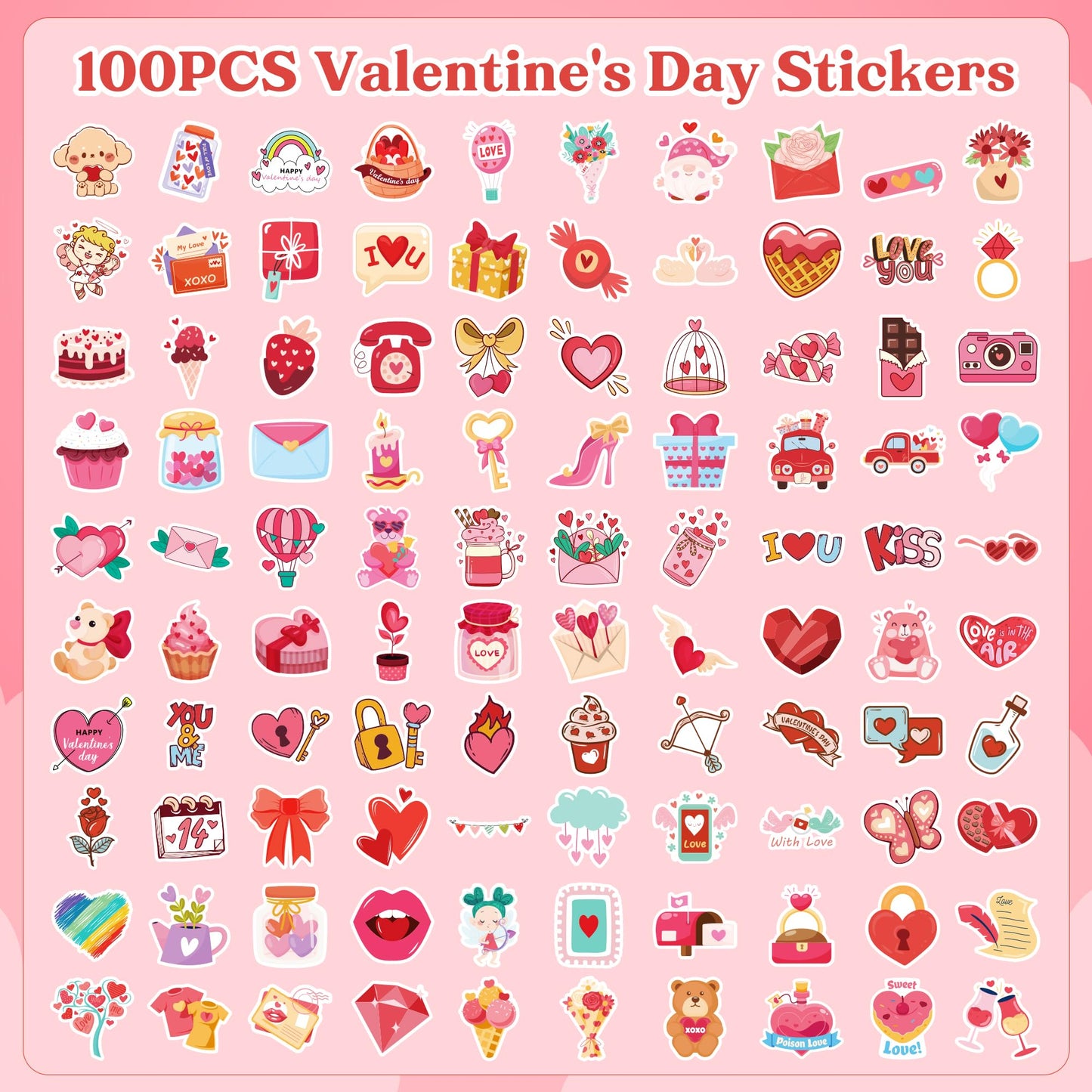 Riccioofy Valentines Stickers – 100 Pcs for Kids, Classroom Gifts, Heart Designs