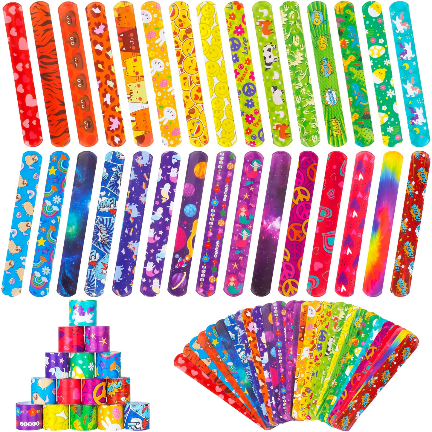 RICEDUO 60-Count Slap Bracelets for Kids – 30 Styles Colorful Wristbands | Party Favors & Classroom Prizes