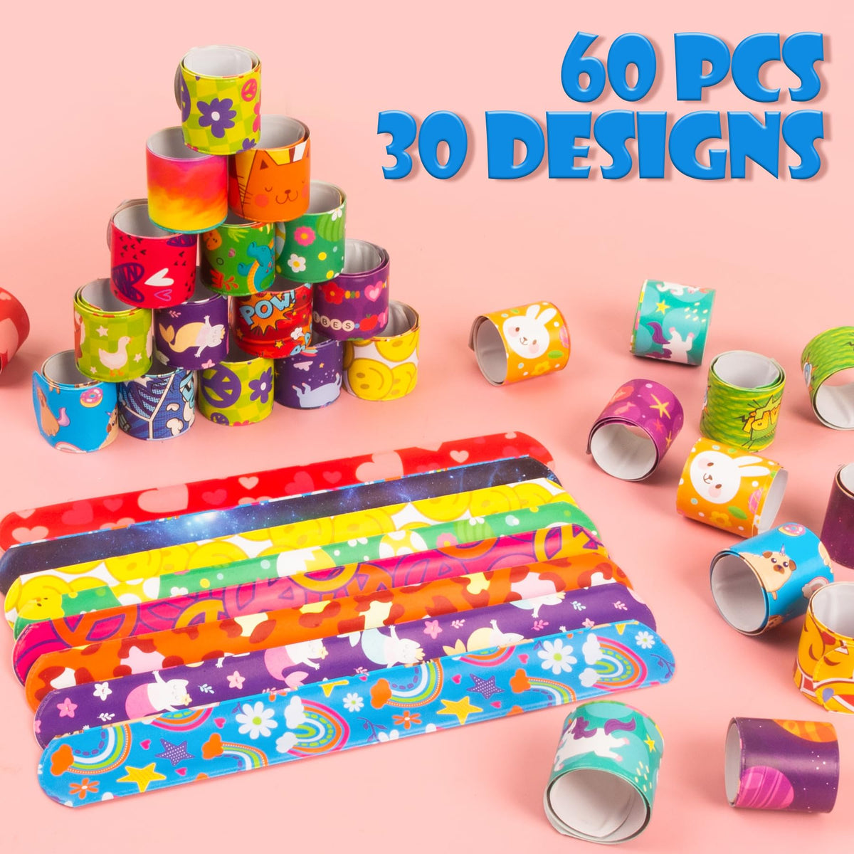 RICEDUO 60-Count Slap Bracelets for Kids – 30 Styles Colorful Wristbands | Party Favors & Classroom Prizes