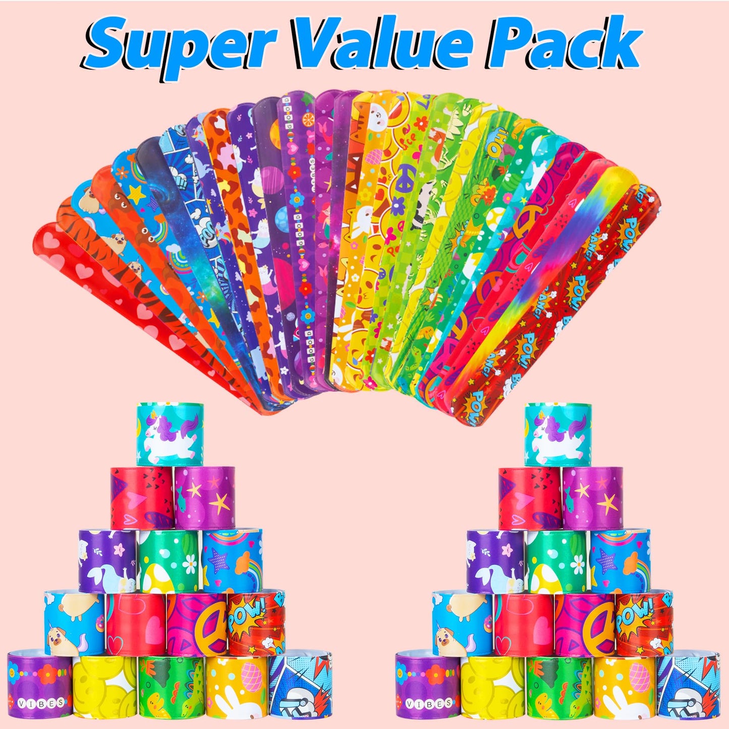 RICEDUO 60-Count Slap Bracelets for Kids – 30 Styles Colorful Wristbands | Party Favors & Classroom Prizes