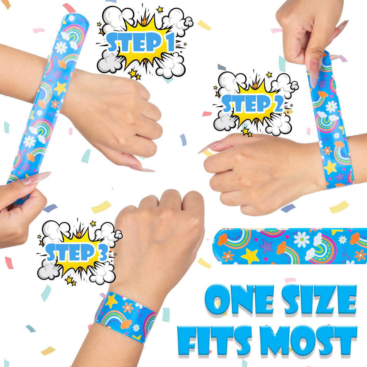 RICEDUO 60-Count Slap Bracelets for Kids – 30 Styles Colorful Wristbands | Party Favors & Classroom Prizes