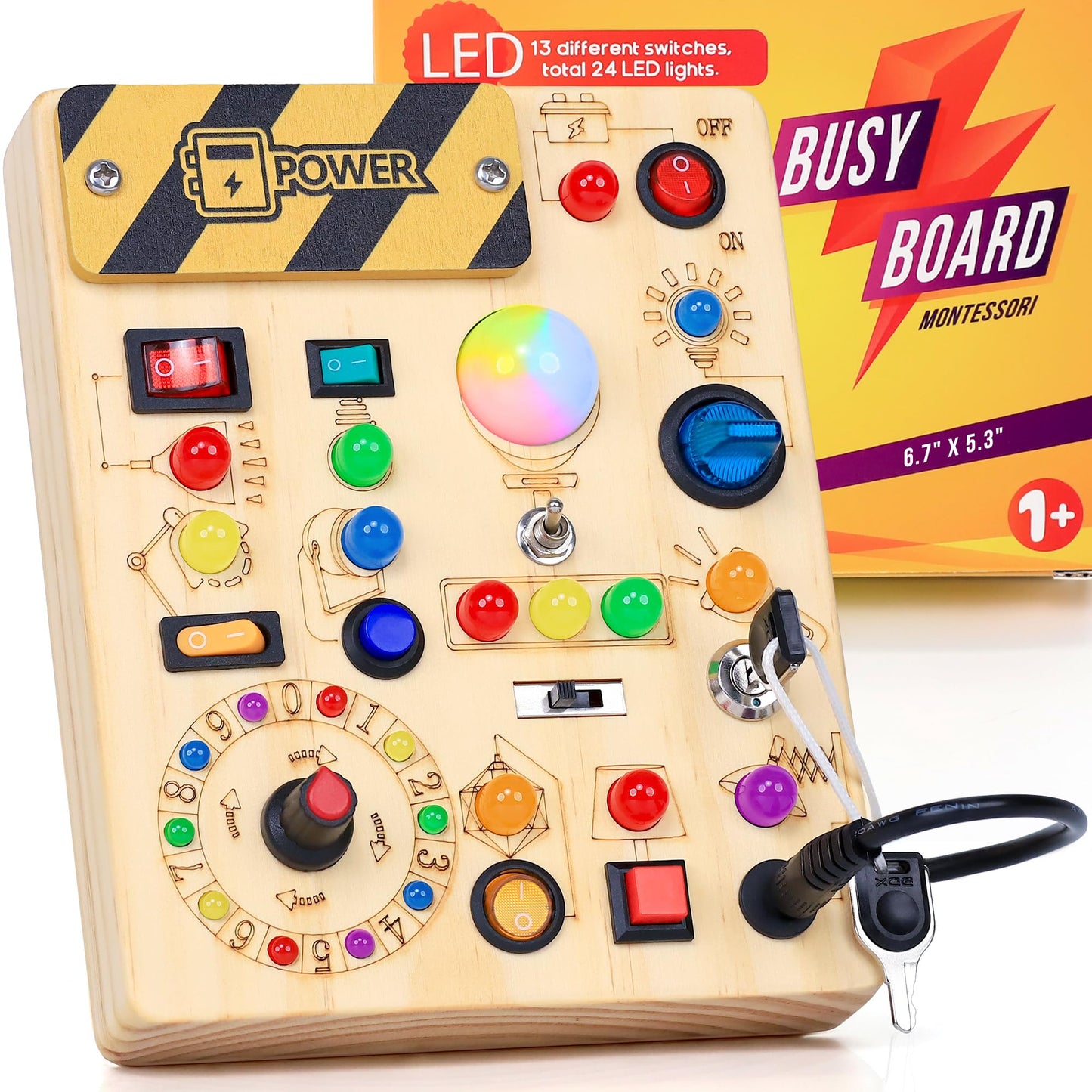 RichBoy Montessori Busy Board 37-in-1 for Toddlers – 24 LED Lights, 6.7×5.3 in Travel Toy