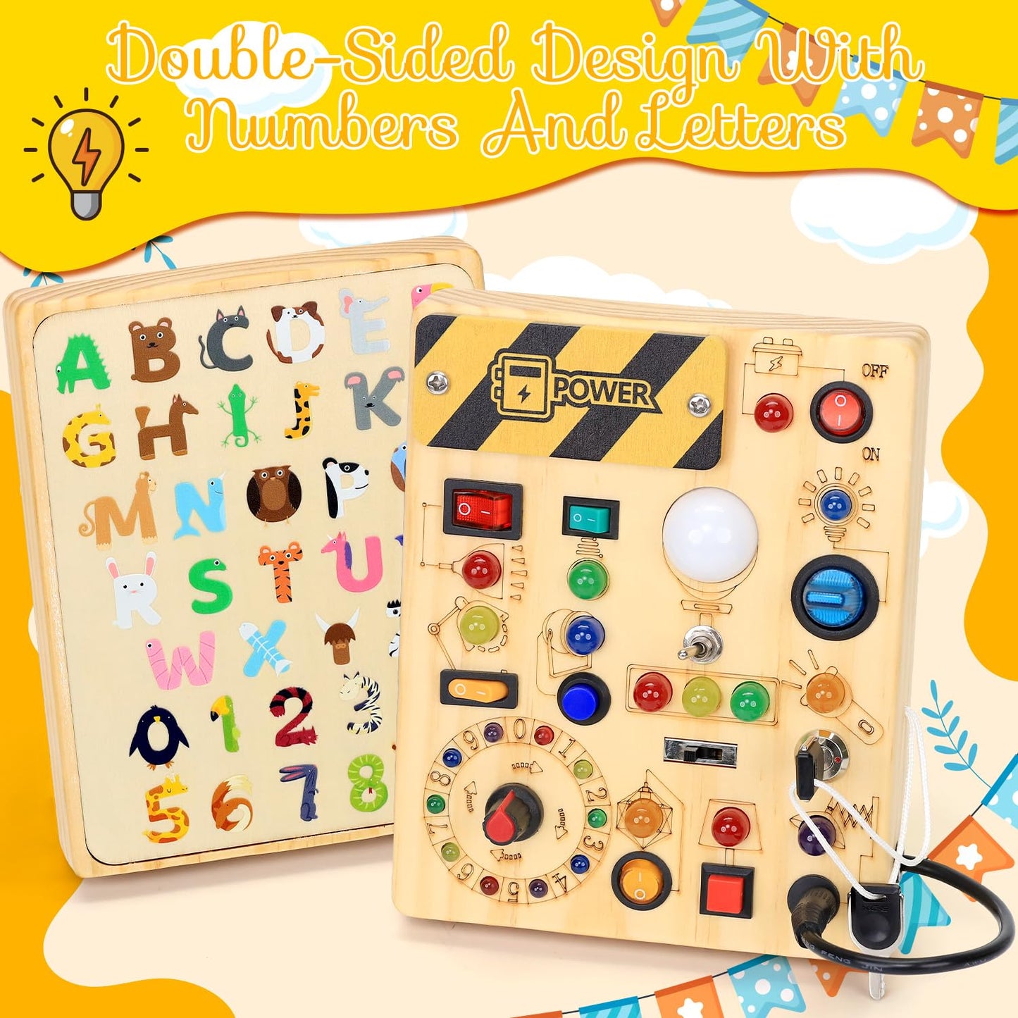 RichBoy Montessori Busy Board 37-in-1 for Toddlers – 24 LED Lights, 6.7×5.3 in Travel Toy