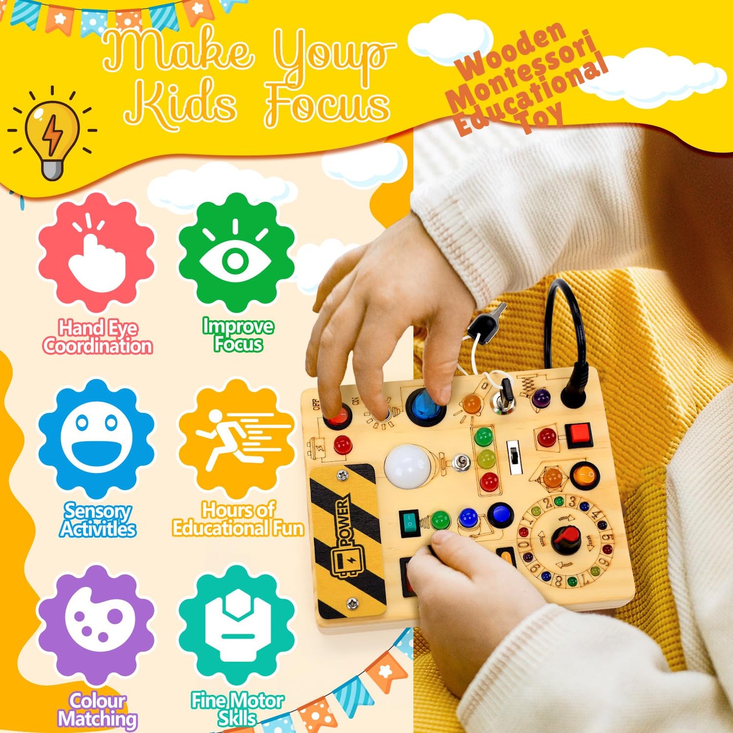 RichBoy Montessori Busy Board 37-in-1 for Toddlers – 24 LED Lights, 6.7×5.3 in Travel Toy