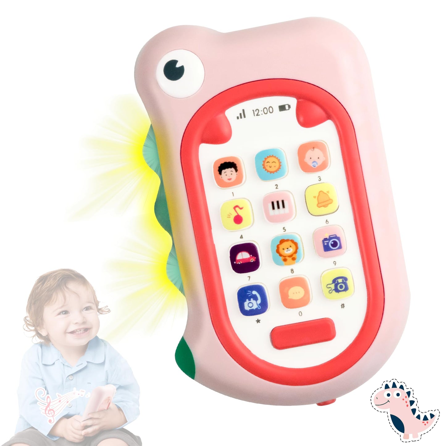 Richgv Dinosaur Baby Phone Toy for Girls 6-12 Months – 80+ Sounds, Color-Changing Lights