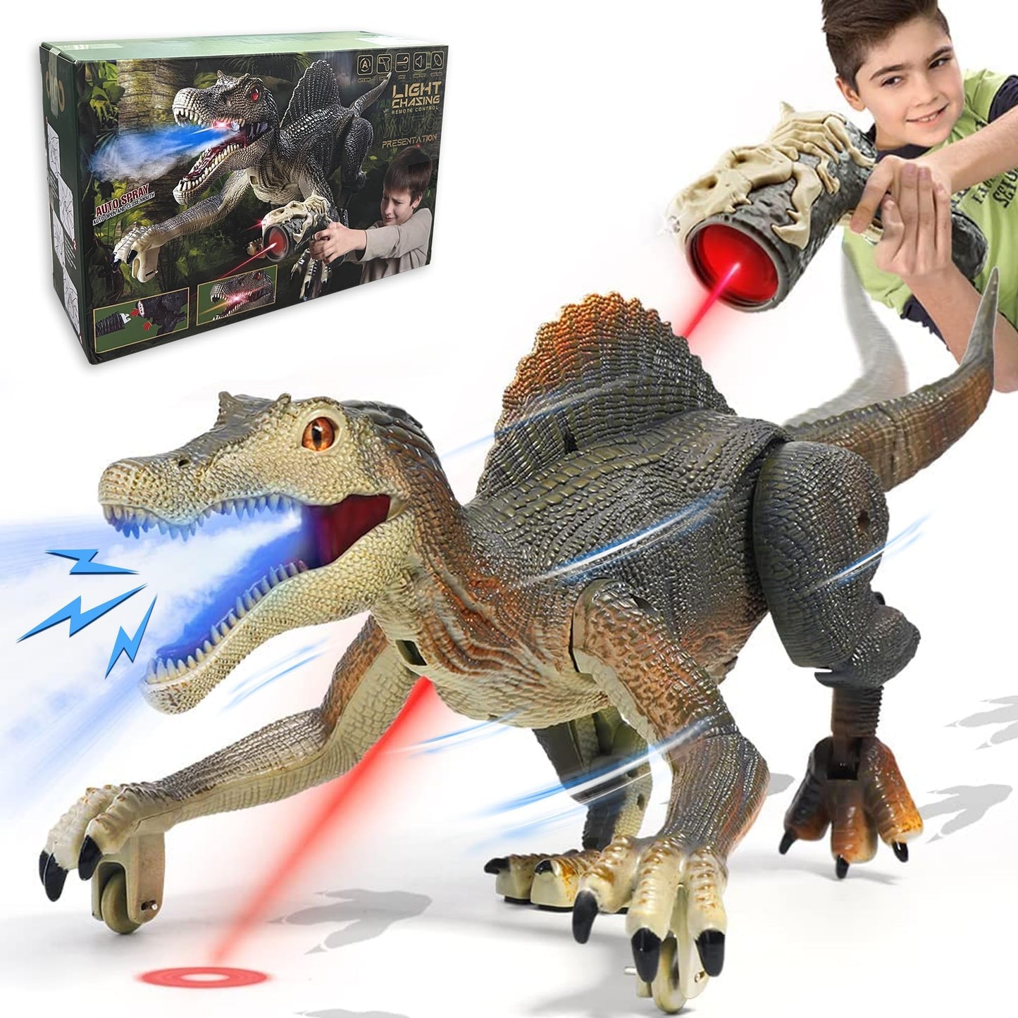 Richgv Upgraded Spinosaurus RC Toy – Glow, Spray, Roar, Walking Dino for Kids 3-8