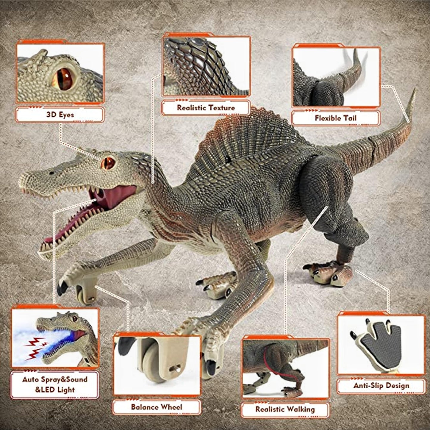Richgv Upgraded Spinosaurus RC Toy – Glow, Spray, Roar, Walking Dino for Kids 3-8