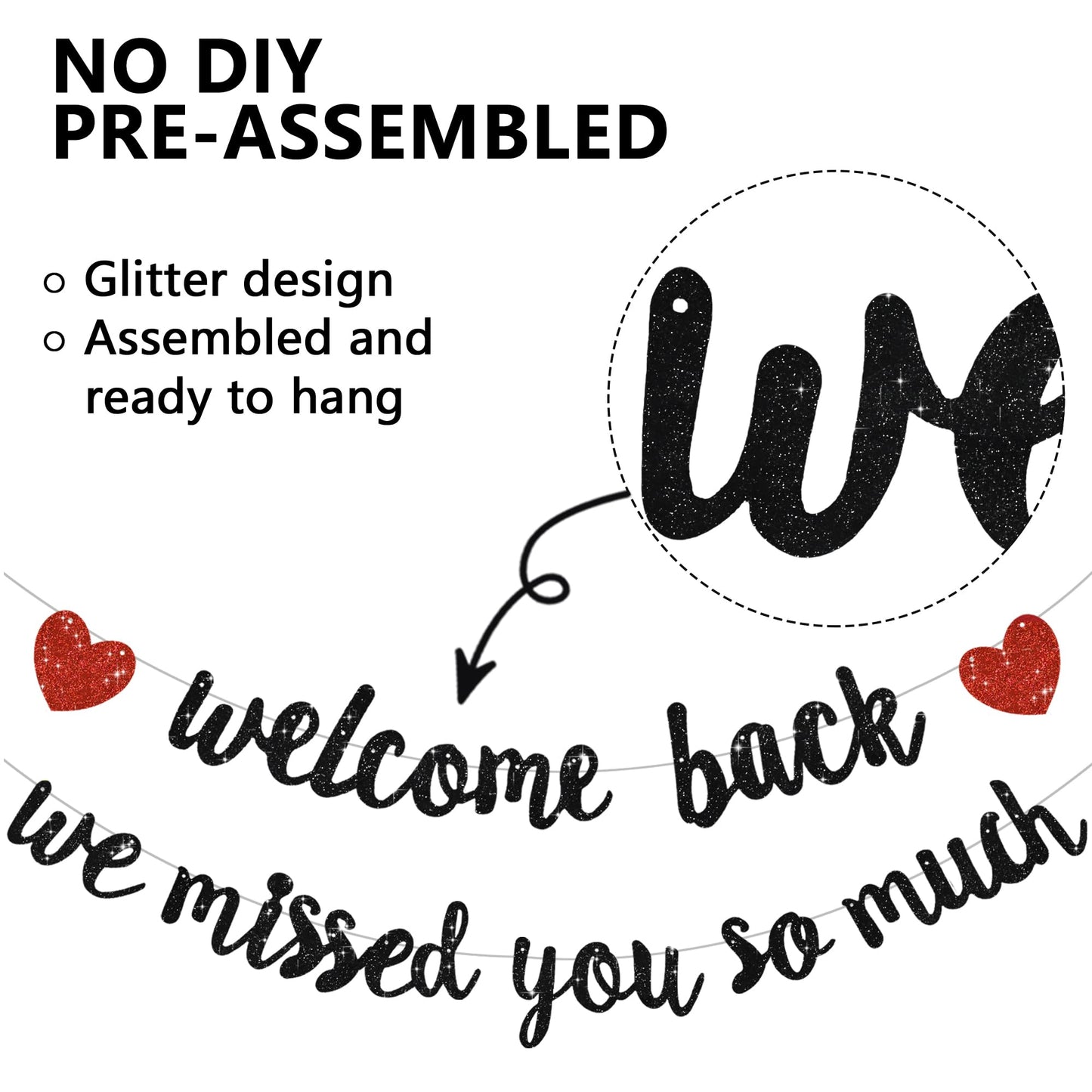 RICHHHA Glitter Black Welcome Back Banner – Pre-assembled, Easy Hang