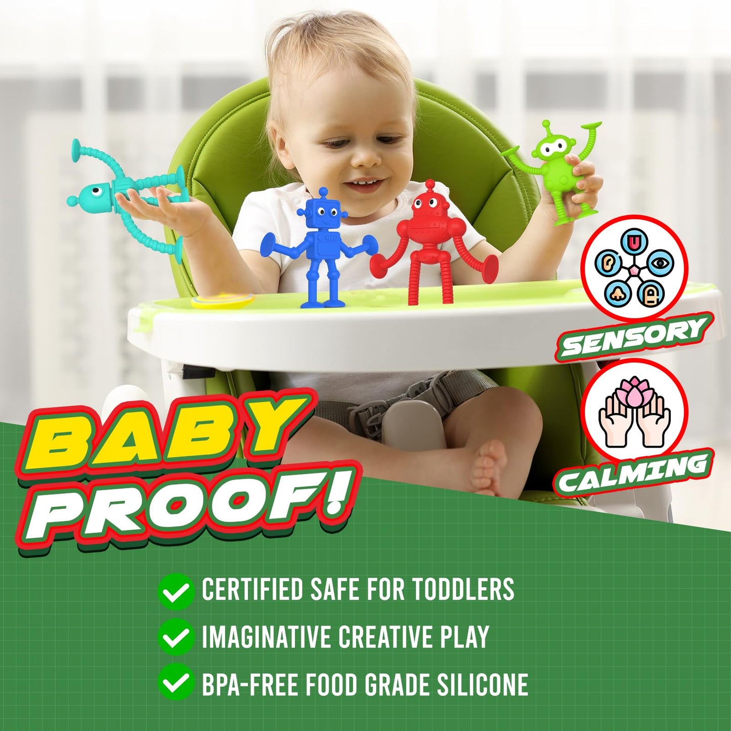 Richtim Baby Bath Toys — 6-Piece Robot Suction Cups, No-Hole Bath Toy & Window Sensory Toy