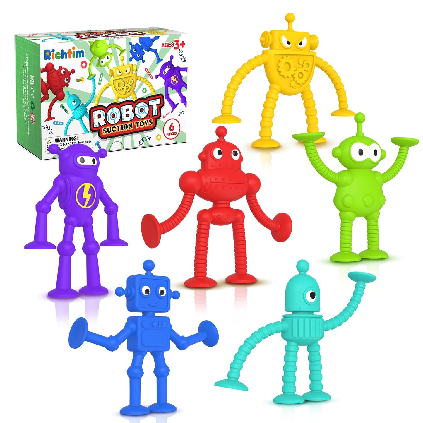 Richtim Baby Bath Toys — 6-Piece Robot Suction Cups, No-Hole Bath Toy & Window Sensory Toy