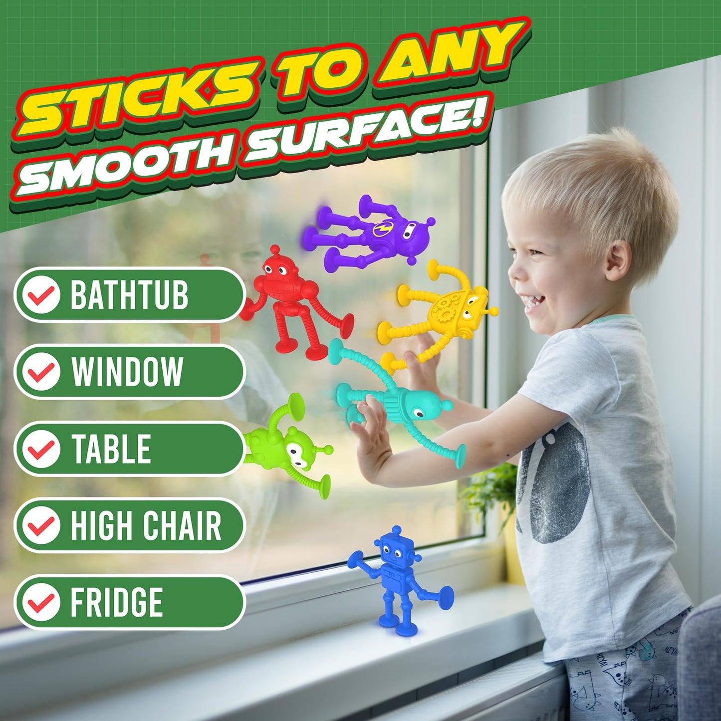 Richtim Baby Bath Toys — 6-Piece Robot Suction Cups, No-Hole Bath Toy & Window Sensory Toy