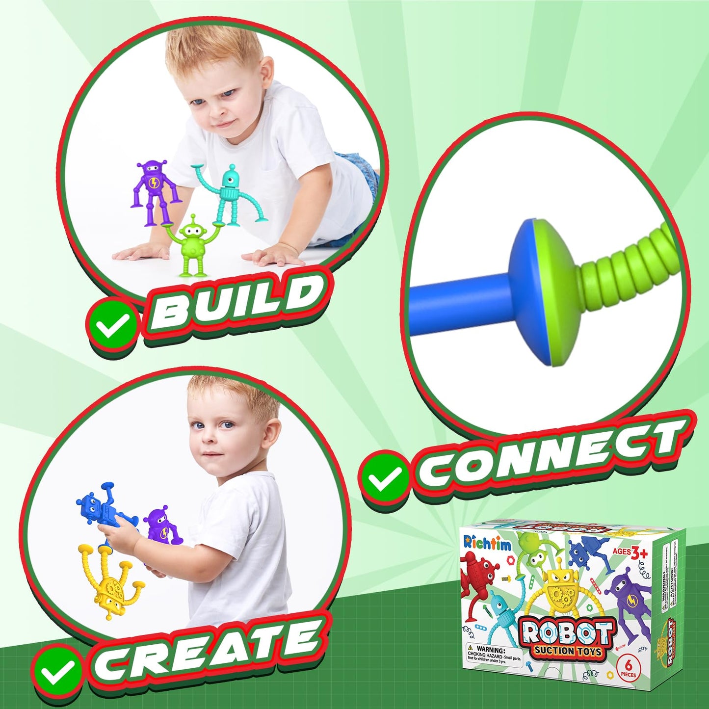 Richtim Baby Bath Toys — 6-Piece Robot Suction Cups, No-Hole Bath Toy & Window Sensory Toy
