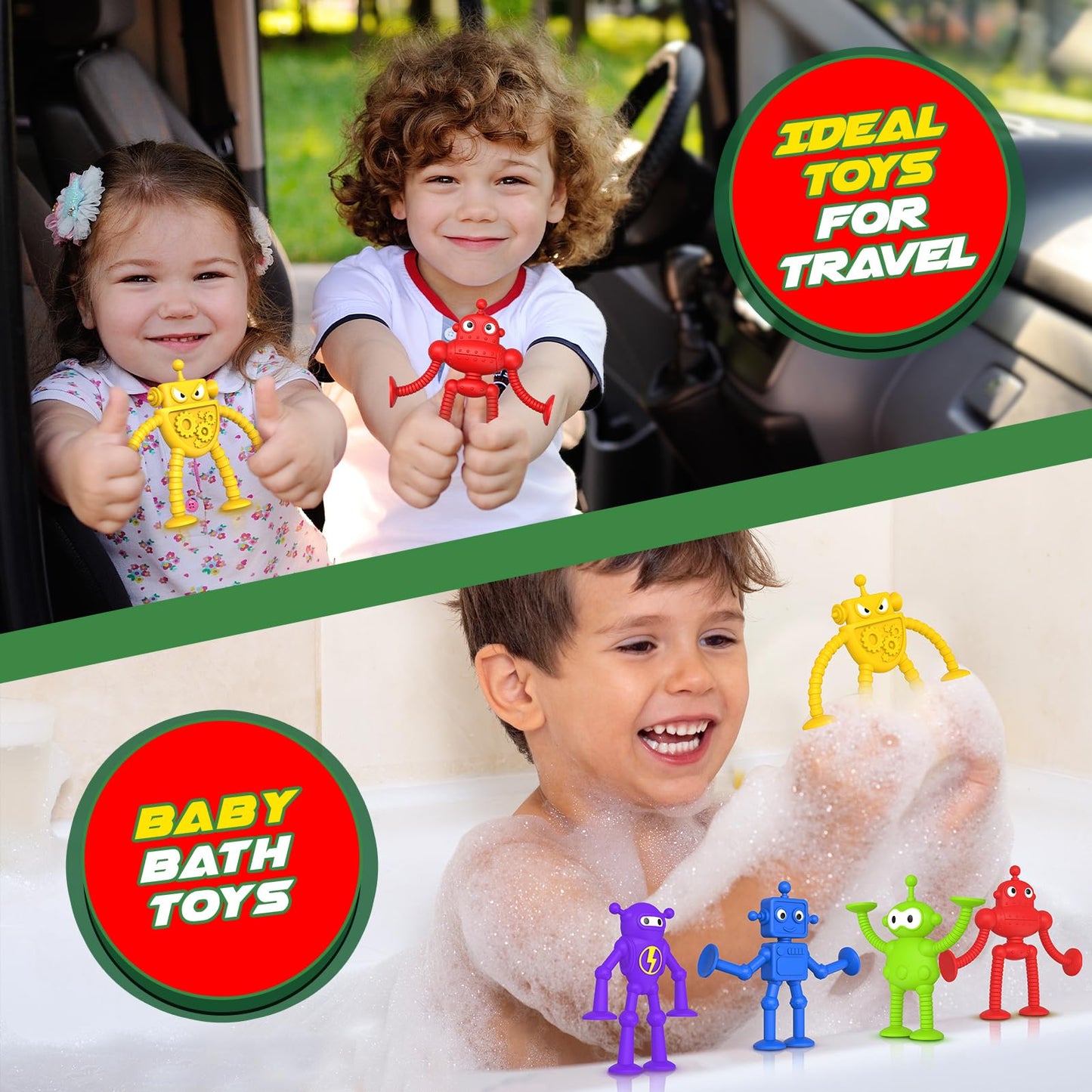 Richtim Baby Bath Toys — 6-Piece Robot Suction Cups, No-Hole Bath Toy & Window Sensory Toy
