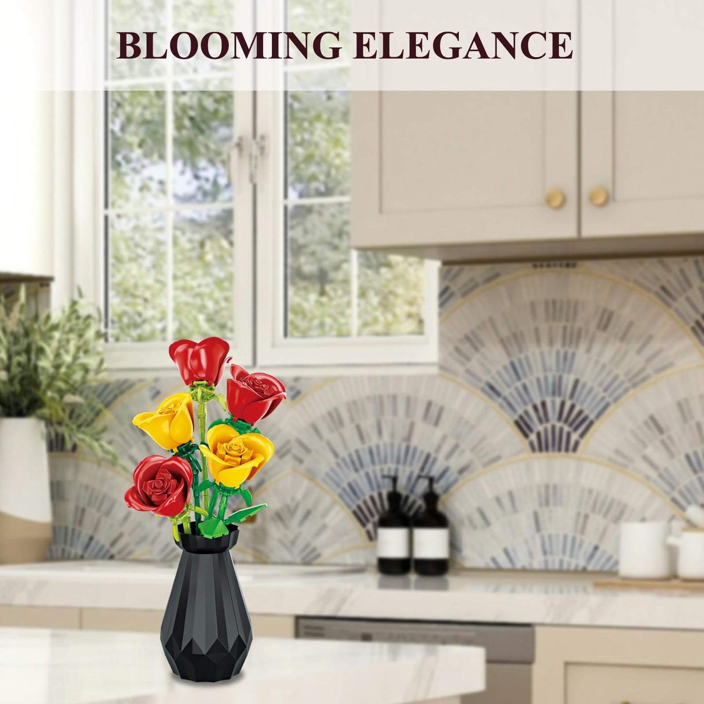 RIESEK Rose Bouquet Building Set – 249-Piece Flower Block Kit with Vase | Creative Gift for Adults