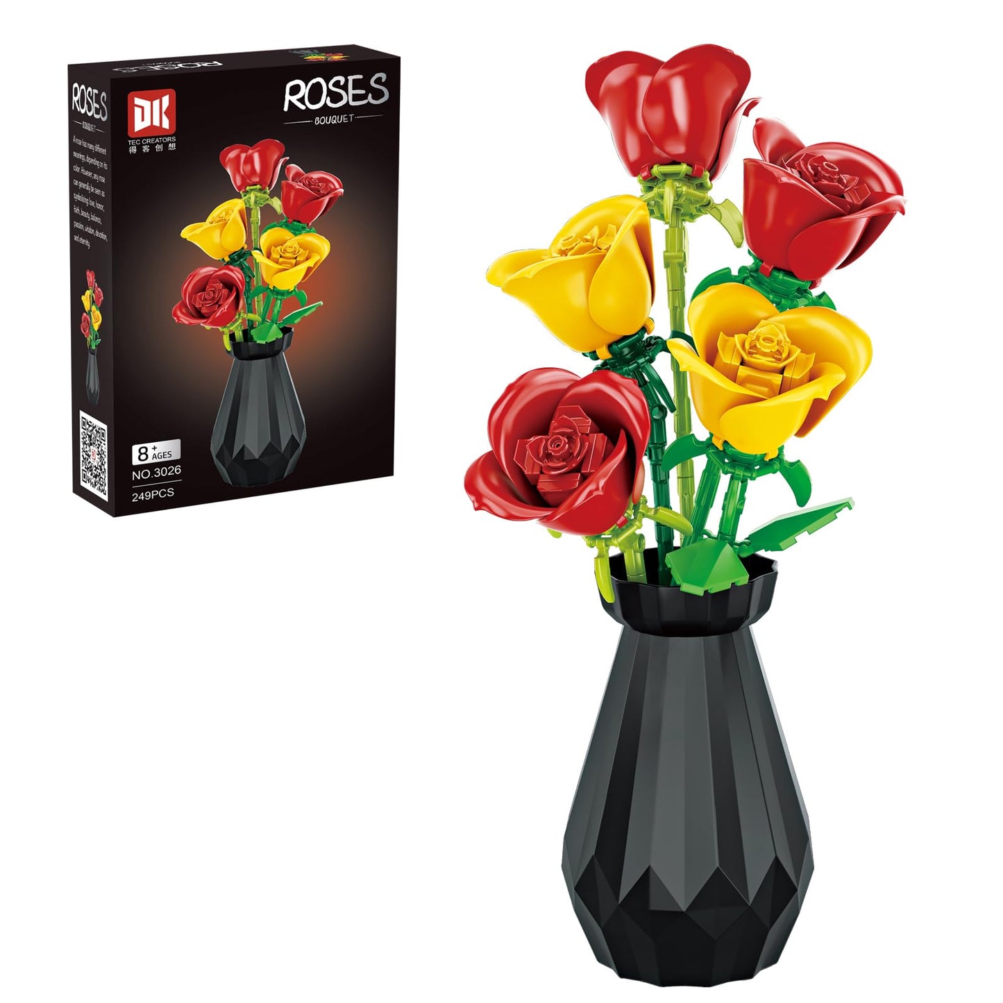 RIESEK Rose Bouquet Building Set – 249-Piece Flower Block Kit with Vase | Creative Gift for Adults