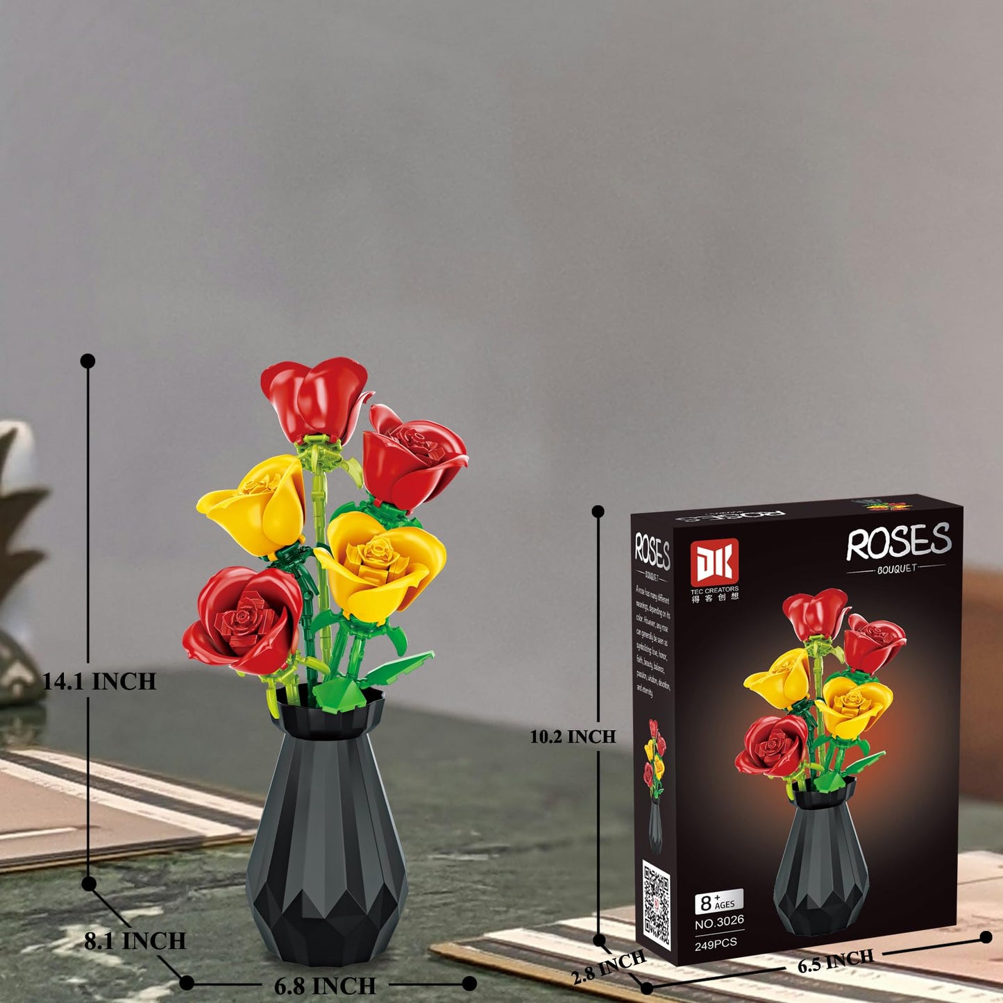 RIESEK Rose Bouquet Building Set – 249-Piece Flower Block Kit with Vase | Creative Gift for Adults