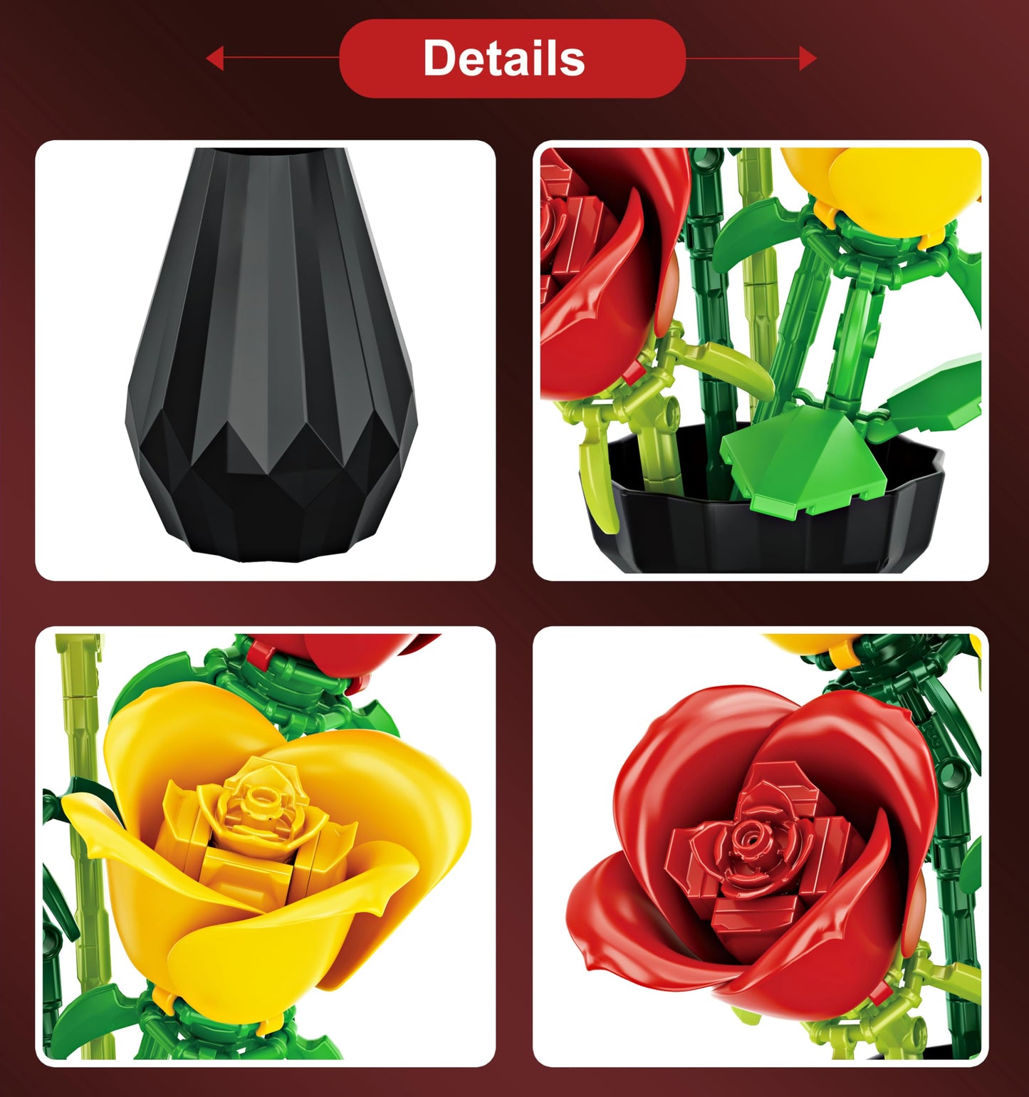 RIESEK Rose Bouquet Building Set – 249-Piece Flower Block Kit with Vase | Creative Gift for Adults