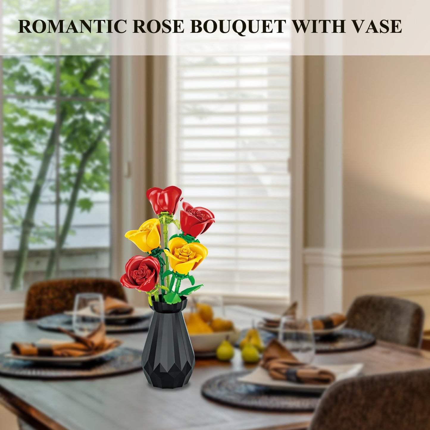 RIESEK Rose Bouquet Building Set – 249-Piece Flower Block Kit with Vase | Creative Gift for Adults