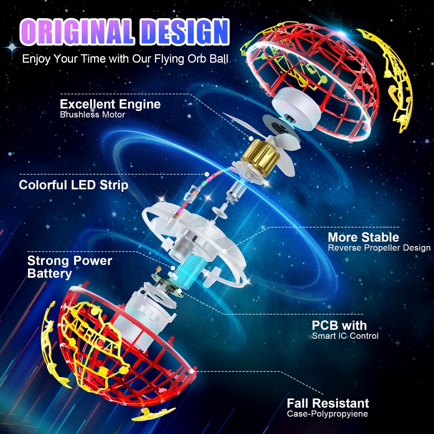 RIEYON Flying Orb Ball 2025 – Hover Boomerang Toy with 6 RGB Lighting