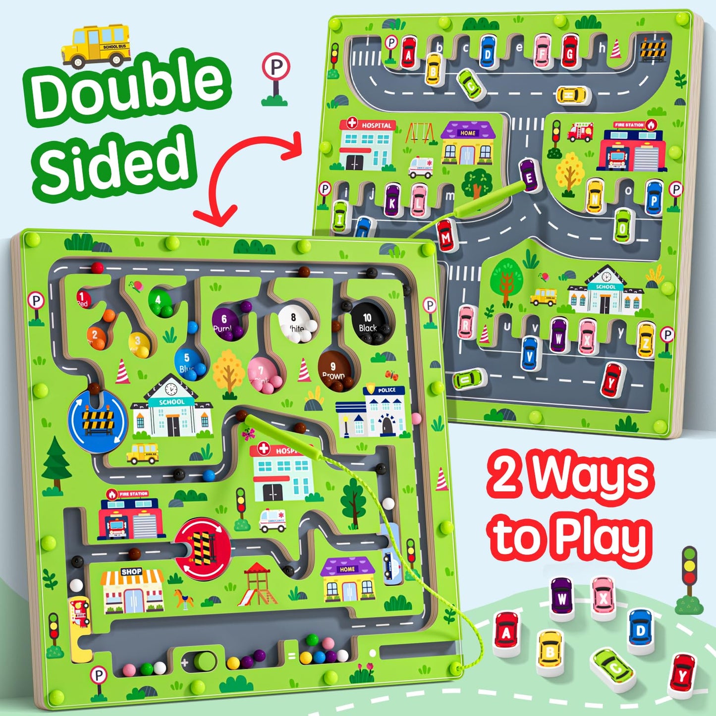 rifamee 2-in-1 Magnetic Color & Number Maze — Wooden Double-Sided Alphabet & Counting Board (Ages 3-5)