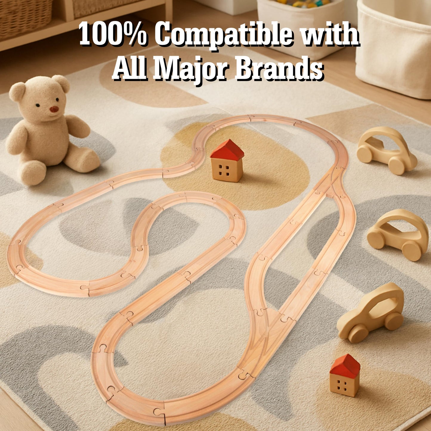 Right Track Toys Wooden Train Track 52-Piece Set — 18 ft Expansion, 5 Distinct Pieces, Compatible with All Major Brands